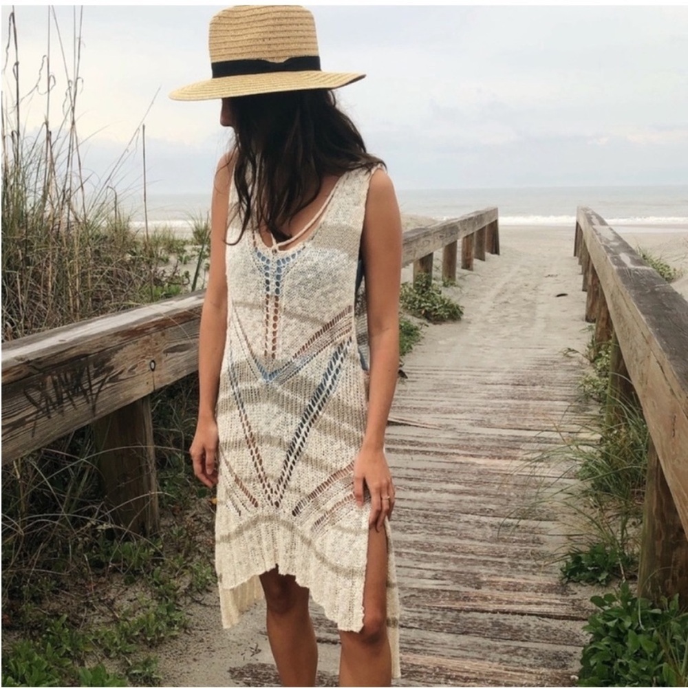 Free People Cream Crochet Swim Coverup with Blue and Brown Accents